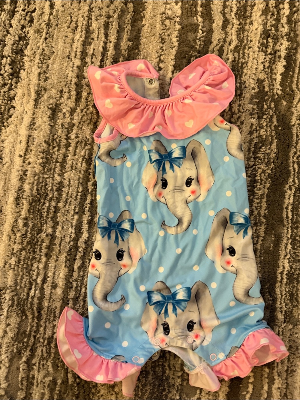 Baby Girls Blue Elephant Print One-Piece with Pink Ruffle Collar
